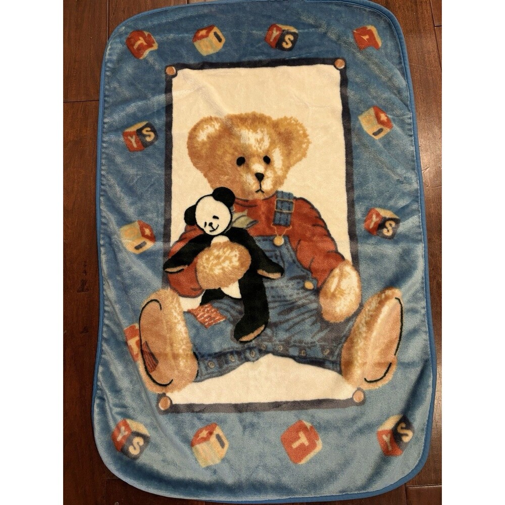 Vtg Blue Jean Teddy Bear Plush Fleece Baby Blanket Throw Panda Blocks